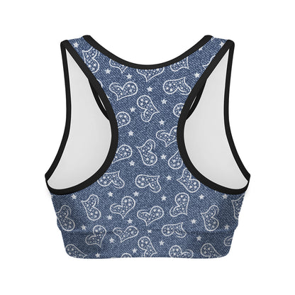 Heart And Star Denim Jeans Pattern Print Women's Sports Bra