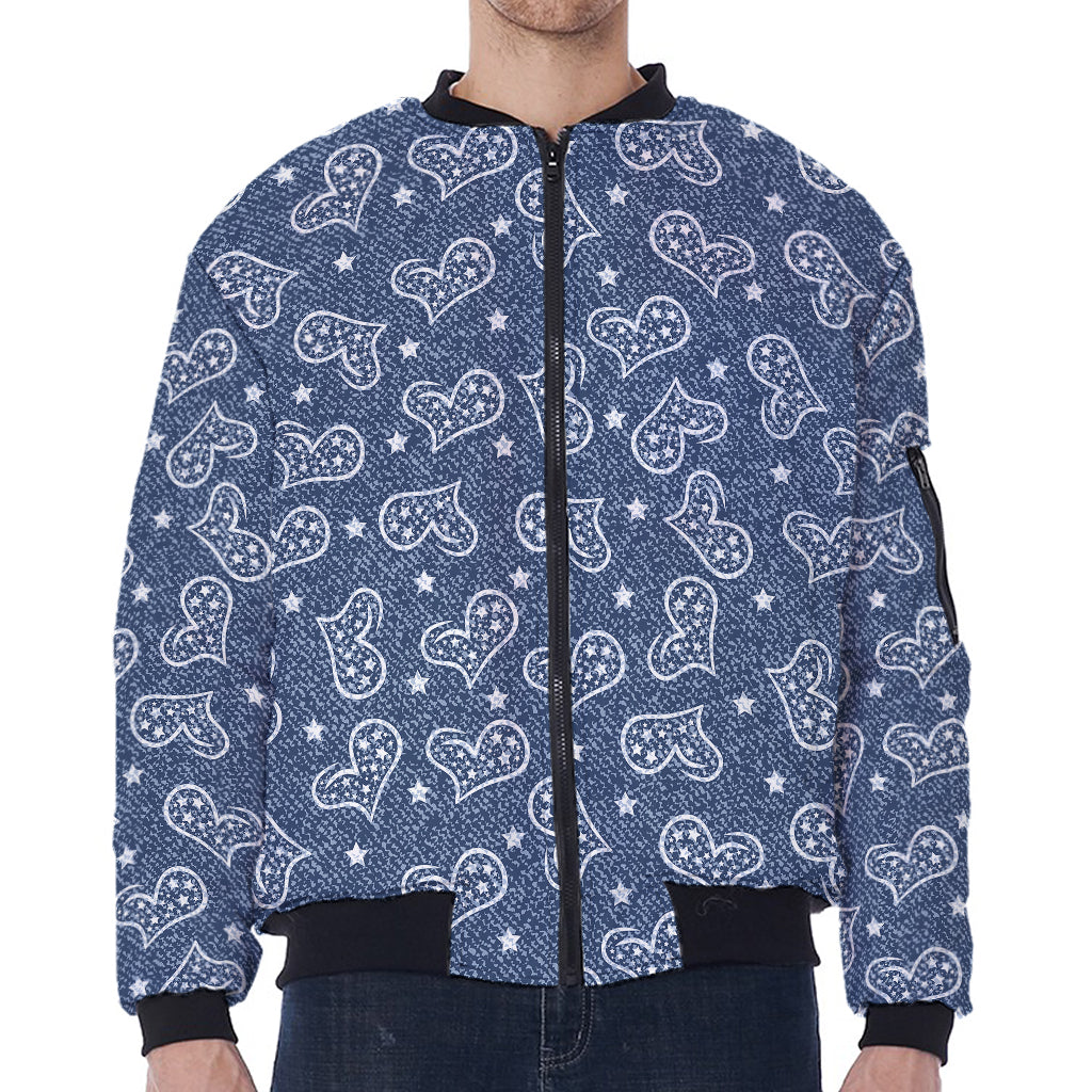 Heart And Star Denim Jeans Pattern Print Zip Sleeve Bomber Jacket