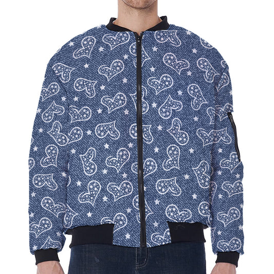 Heart And Star Denim Jeans Pattern Print Zip Sleeve Bomber Jacket