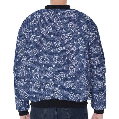 Heart And Star Denim Jeans Pattern Print Zip Sleeve Bomber Jacket