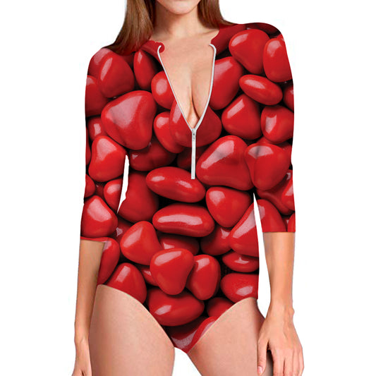 Heart Chocolate Candy Print Long Sleeve Swimsuit