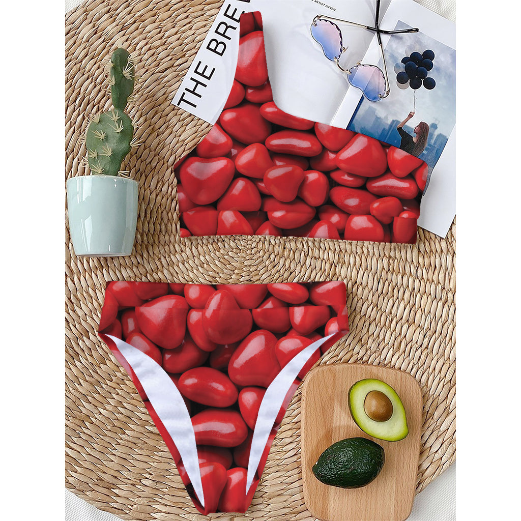 Heart Chocolate Candy Print One Shoulder Bikini Top