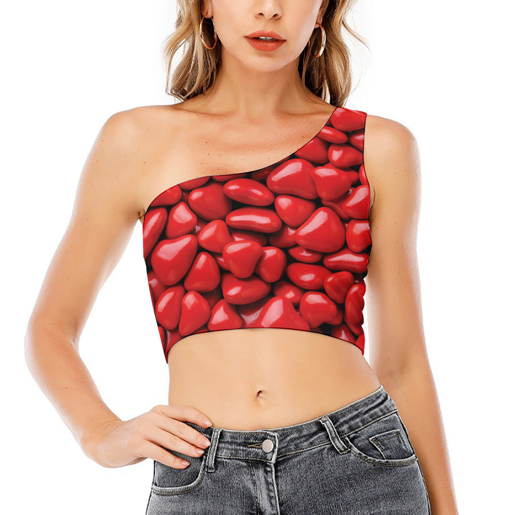 Heart Chocolate Candy Print One Shoulder Crop Top