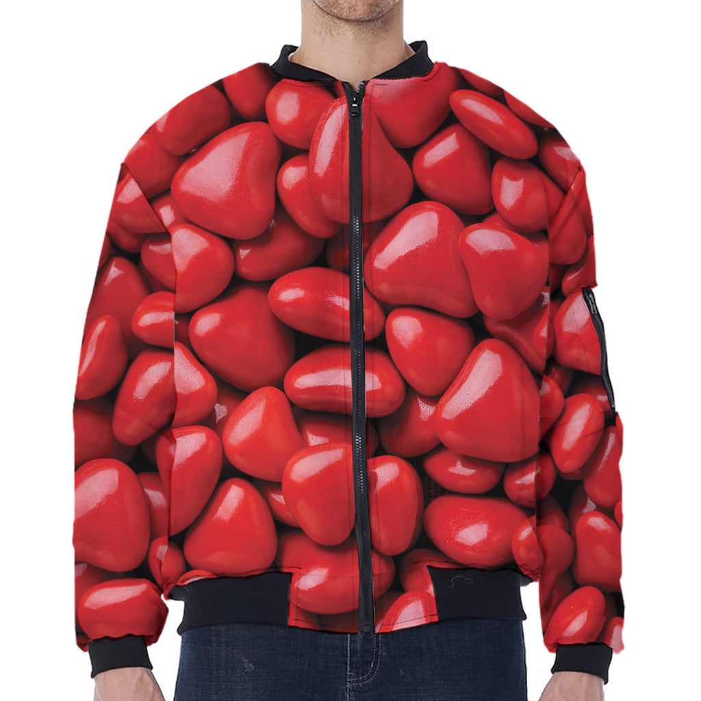 Heart Chocolate Candy Print Zip Sleeve Bomber Jacket