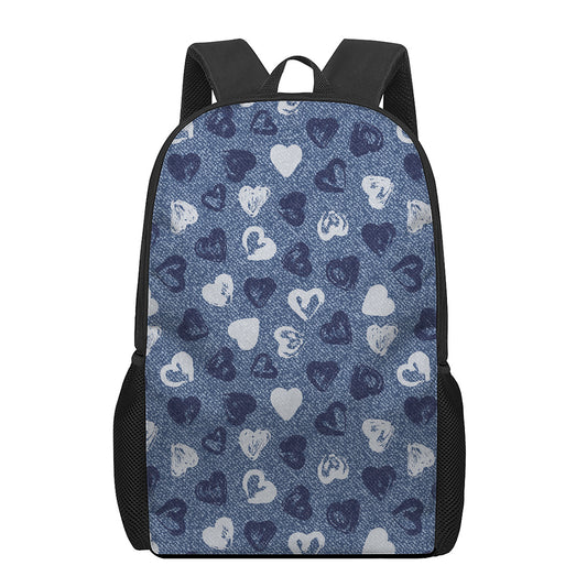 Heart Denim Jeans Pattern Print 17 Inch Backpack