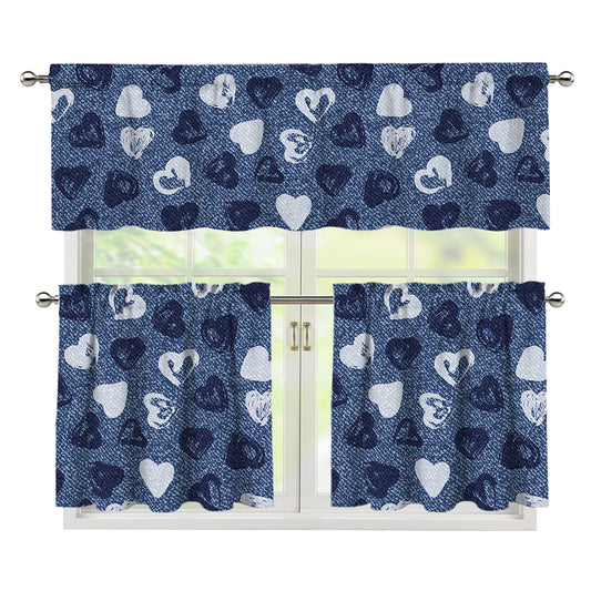Heart Denim Jeans Pattern Print 3 Piece Kitchen Curtains