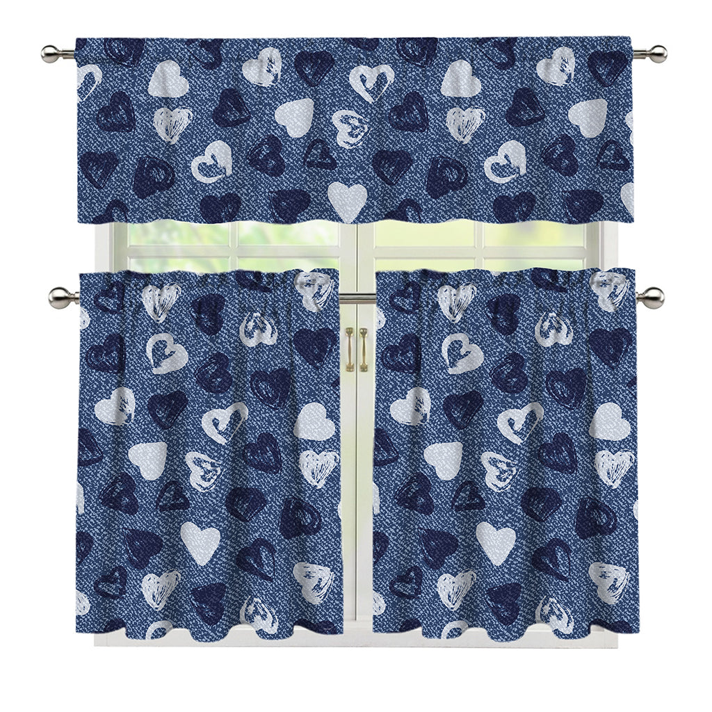 Heart Denim Jeans Pattern Print 3 Piece Kitchen Curtains