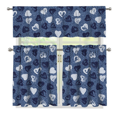 Heart Denim Jeans Pattern Print 3 Piece Kitchen Curtains