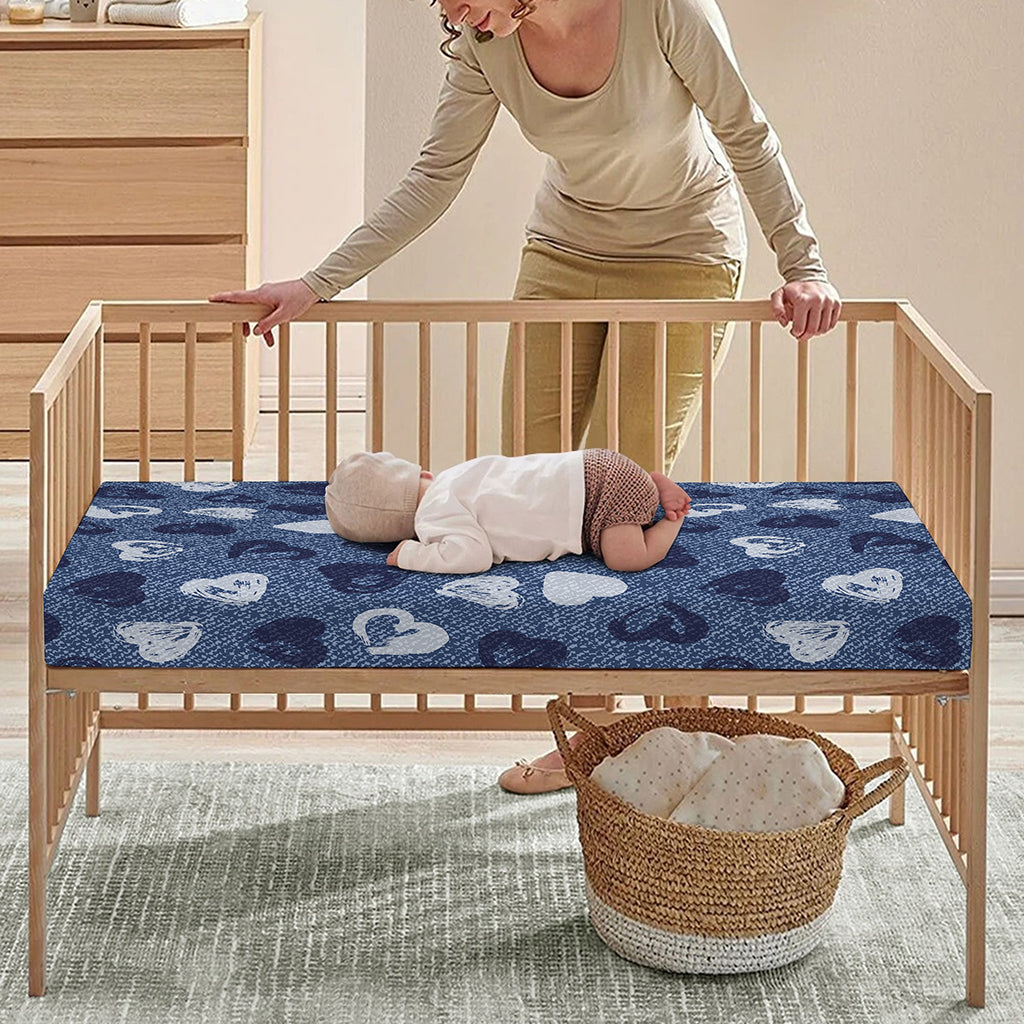 Heart Denim Jeans Pattern Print Baby Crib Sheet
