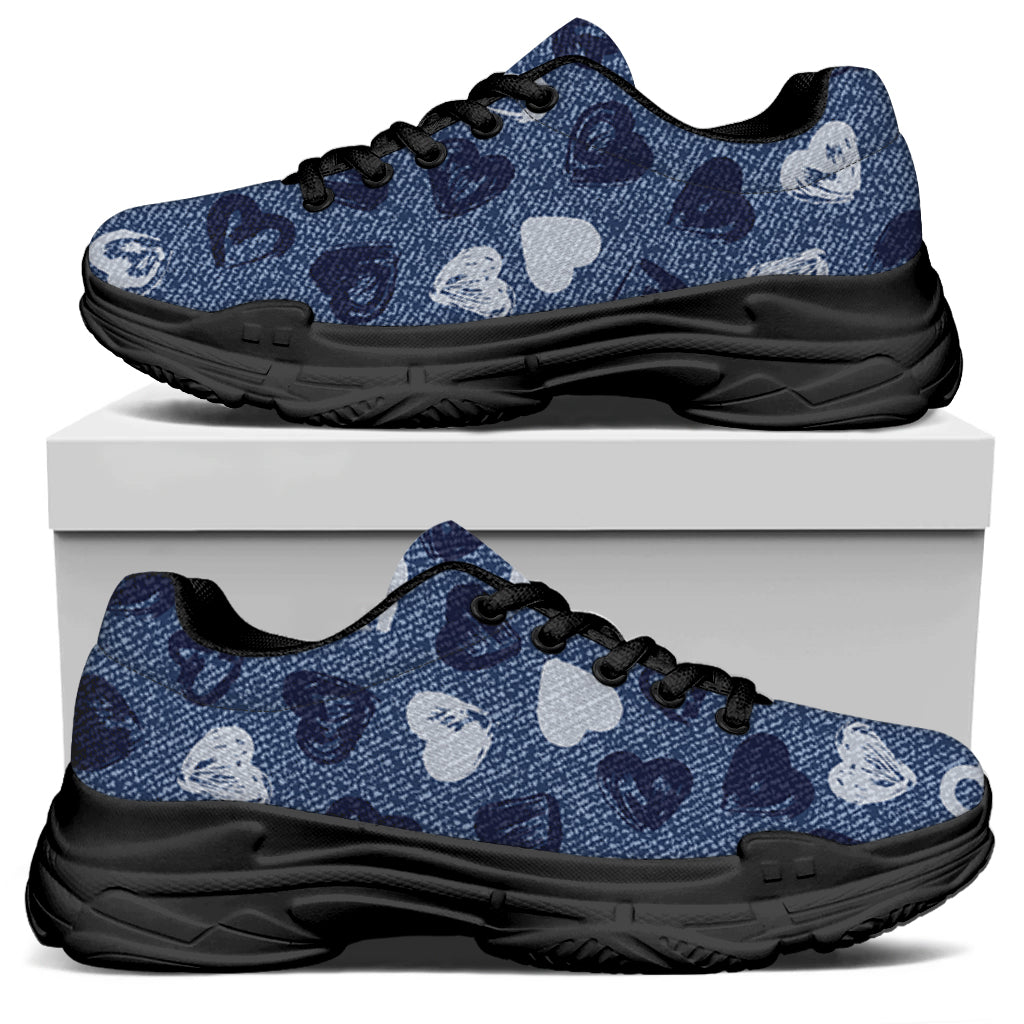 Heart Denim Jeans Pattern Print Black Chunky Shoes