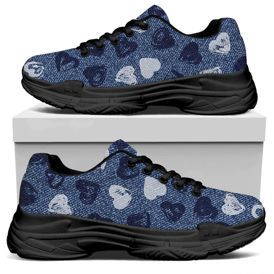 Heart Denim Jeans Pattern Print Black Chunky Shoes