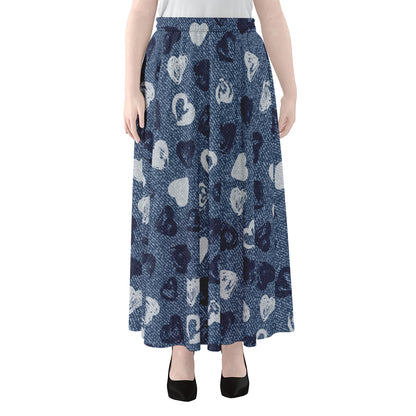 Heart Denim Jeans Pattern Print Chiffon Maxi Skirt