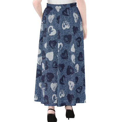 Heart Denim Jeans Pattern Print Chiffon Maxi Skirt