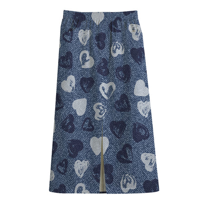 Heart Denim Jeans Pattern Print Cotton Front Slit Maxi Skirt