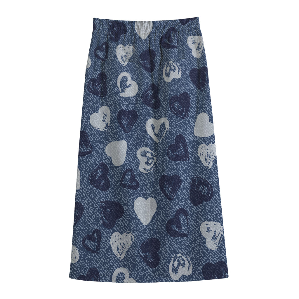 Heart Denim Jeans Pattern Print Cotton Front Slit Maxi Skirt