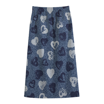 Heart Denim Jeans Pattern Print Cotton Front Slit Maxi Skirt