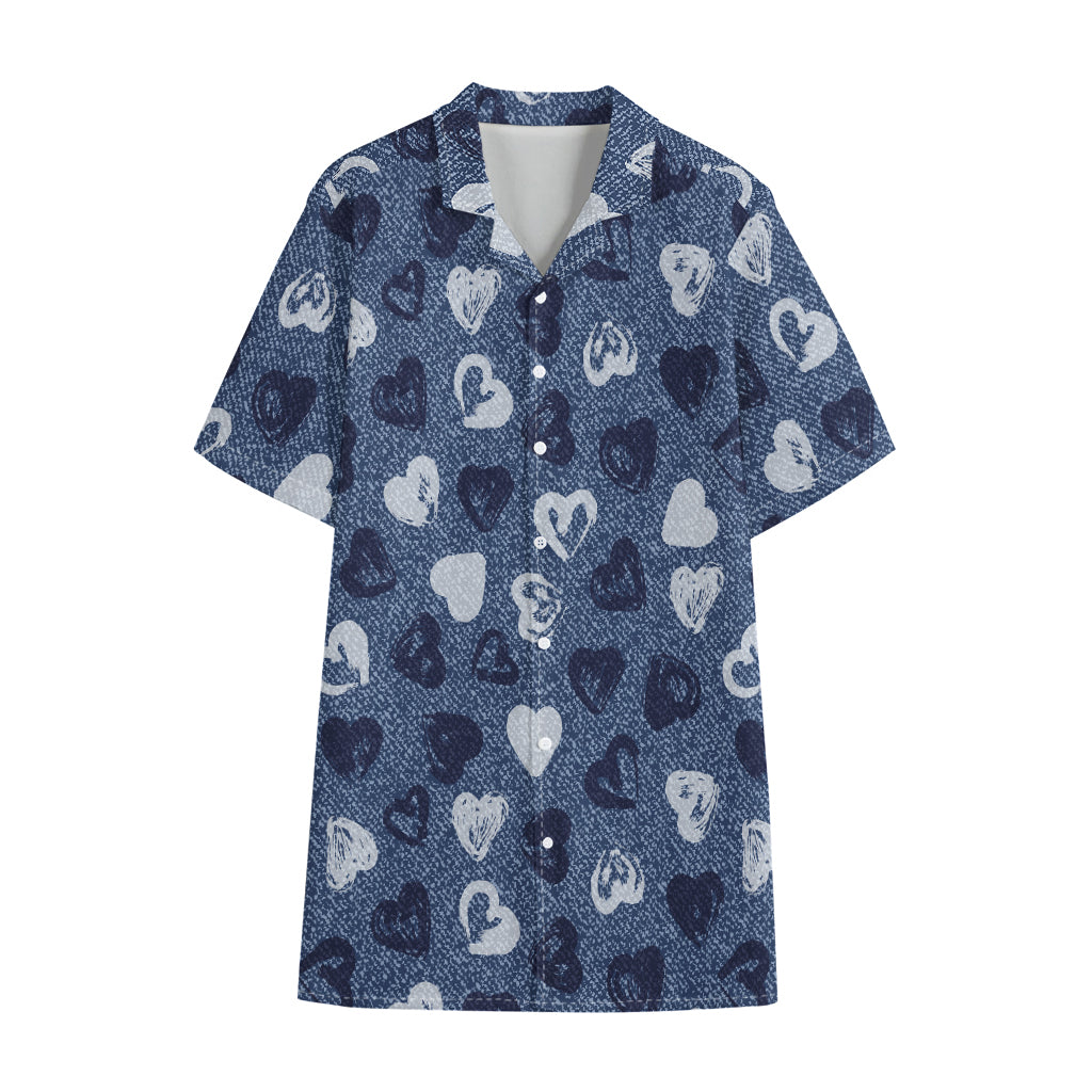 Heart Denim Jeans Pattern Print Cotton Hawaiian Shirt