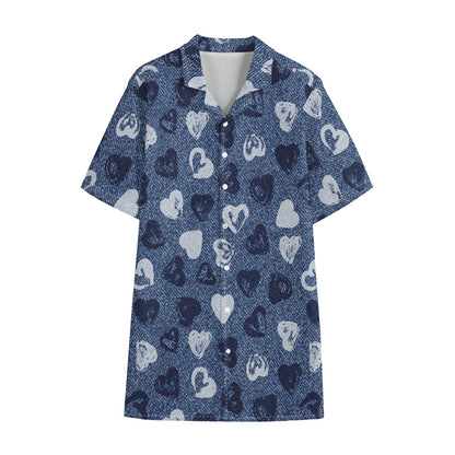 Heart Denim Jeans Pattern Print Cotton Hawaiian Shirt