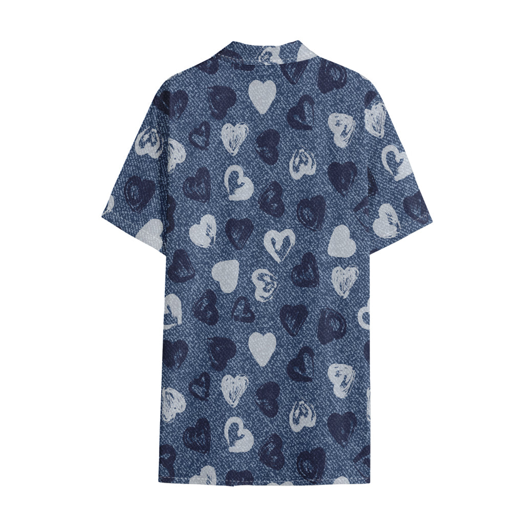 Heart Denim Jeans Pattern Print Cotton Hawaiian Shirt