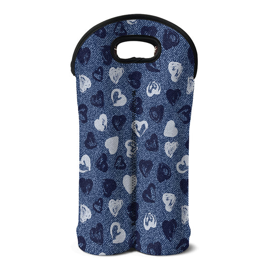 Heart Denim Jeans Pattern Print Double Neoprene Wine Tote