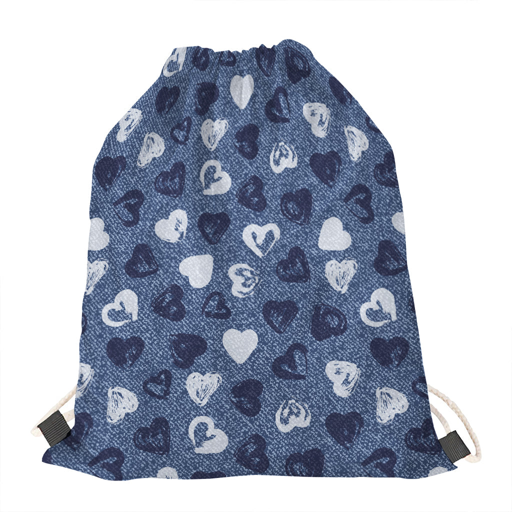 Heart Denim Jeans Pattern Print Drawstring Bag