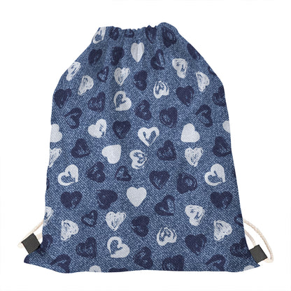 Heart Denim Jeans Pattern Print Drawstring Bag