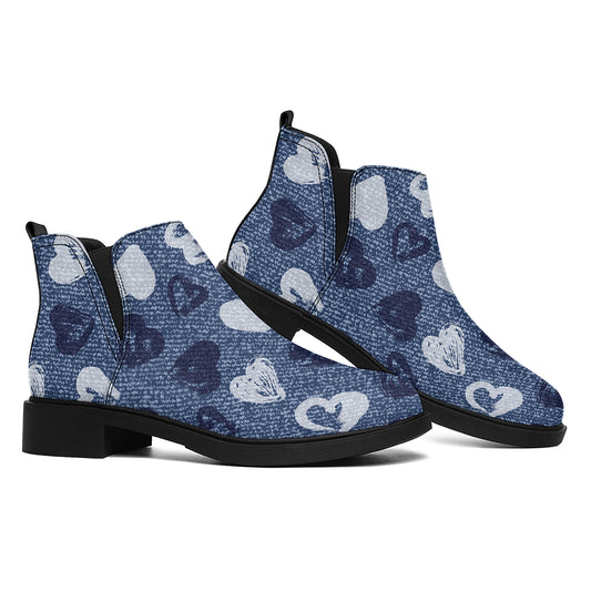 Heart Denim Jeans Pattern Print Flat Ankle Boots