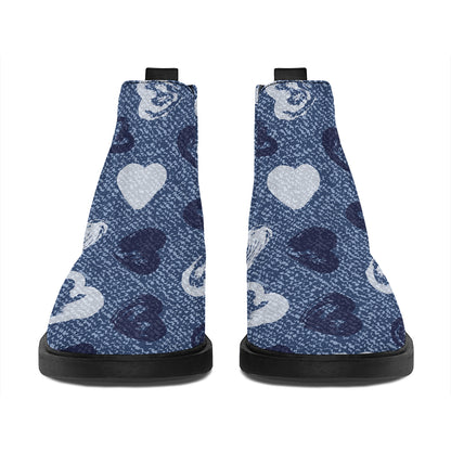 Heart Denim Jeans Pattern Print Flat Ankle Boots