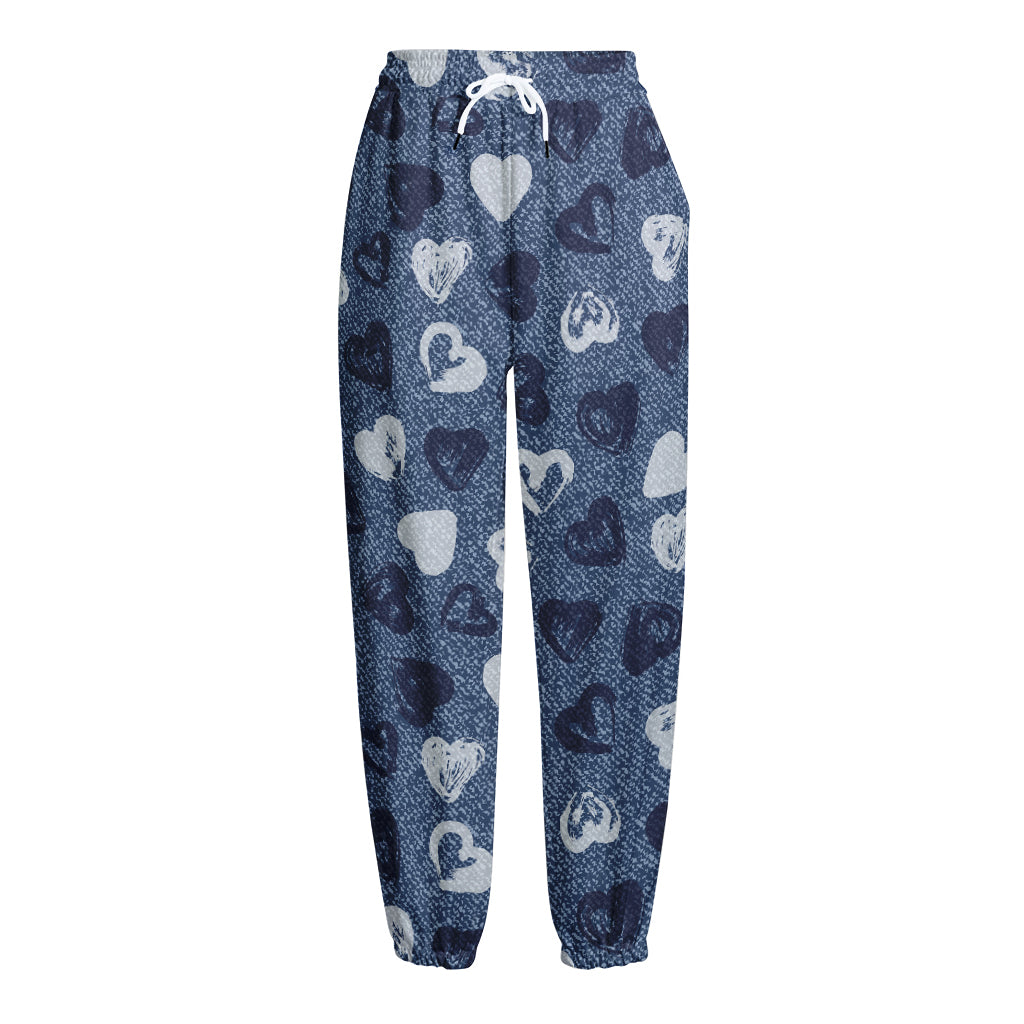 Heart Denim Jeans Pattern Print Fleece Lined Knit Pants
