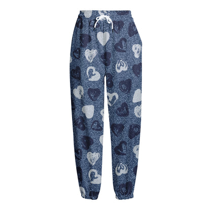Heart Denim Jeans Pattern Print Fleece Lined Knit Pants