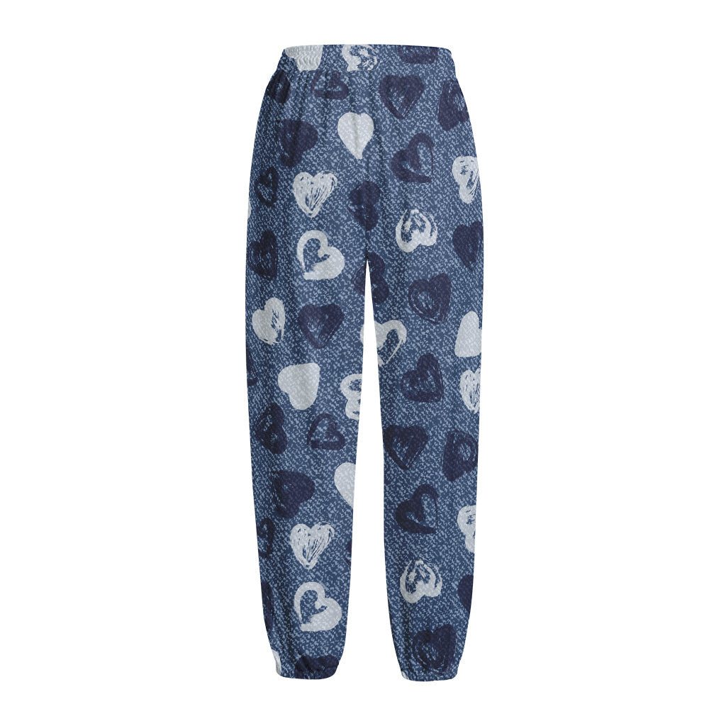 Heart Denim Jeans Pattern Print Fleece Lined Knit Pants