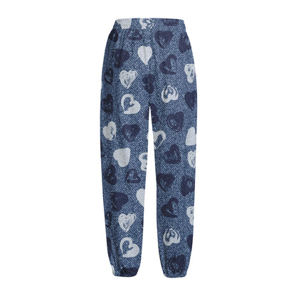 Heart Denim Jeans Pattern Print Fleece Lined Knit Pants