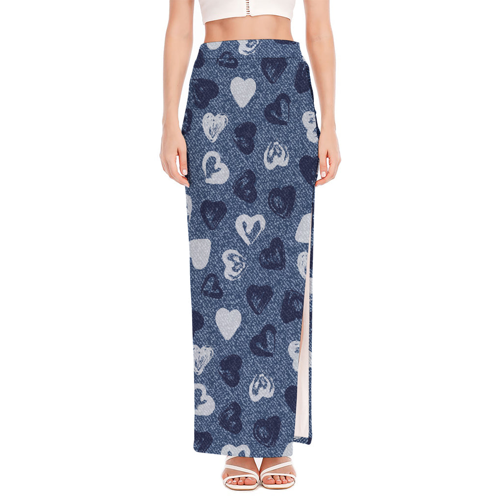 Heart Denim Jeans Pattern Print High Slit Maxi Skirt