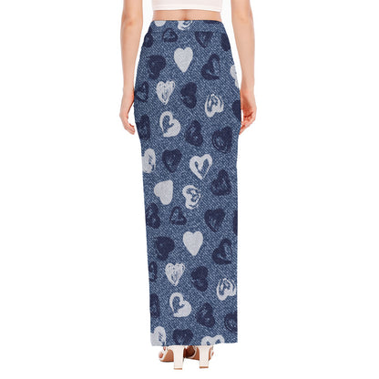 Heart Denim Jeans Pattern Print High Slit Maxi Skirt