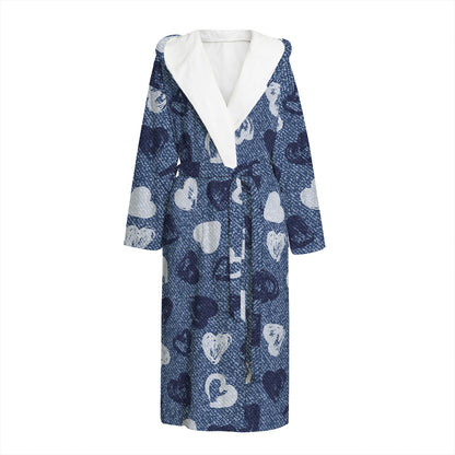 Heart Denim Jeans Pattern Print Hooded Bathrobe