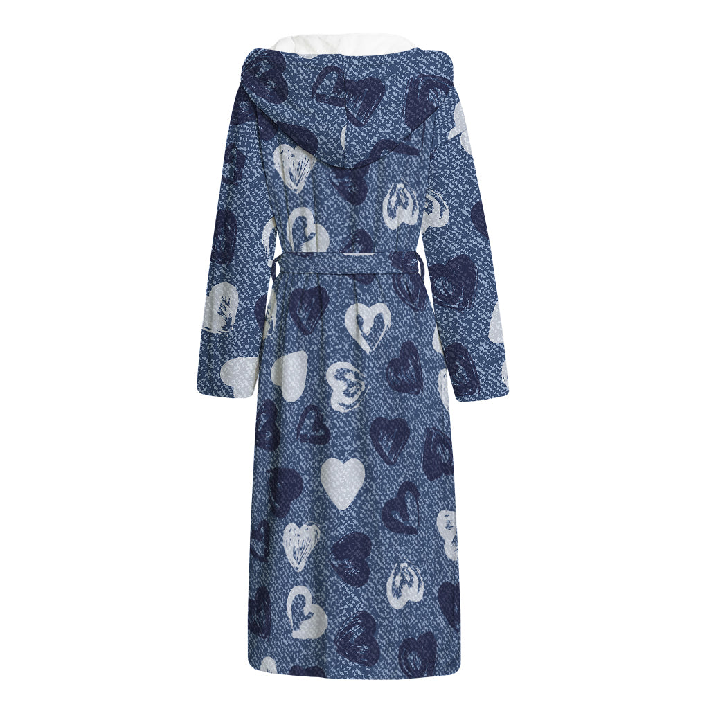 Heart Denim Jeans Pattern Print Hooded Bathrobe
