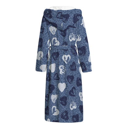 Heart Denim Jeans Pattern Print Hooded Bathrobe