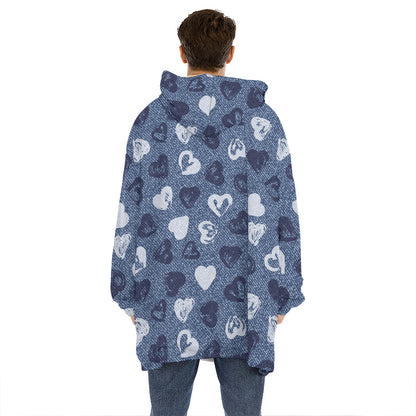 Heart Denim Jeans Pattern Print Hoodie Blanket