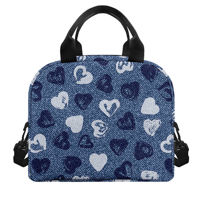 Heart Denim Jeans Pattern Print Insulated Lunch Bag