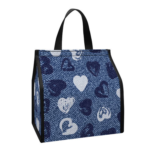 Heart Denim Jeans Pattern Print Insulated Lunch Tote