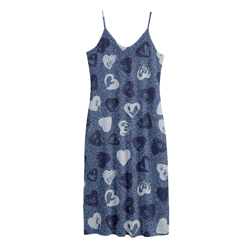 Heart Denim Jeans Pattern Print Jersey Midi Cami Dress