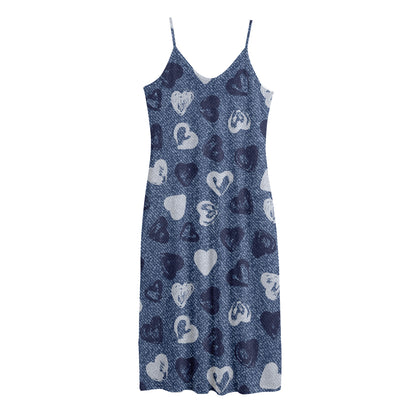 Heart Denim Jeans Pattern Print Jersey Midi Cami Dress
