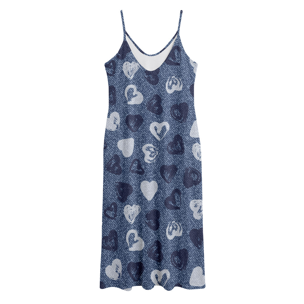 Heart Denim Jeans Pattern Print Jersey Midi Cami Dress