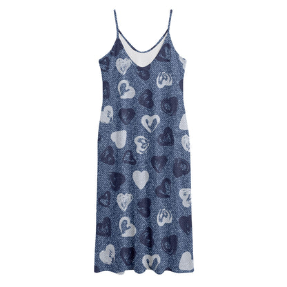 Heart Denim Jeans Pattern Print Jersey Midi Cami Dress