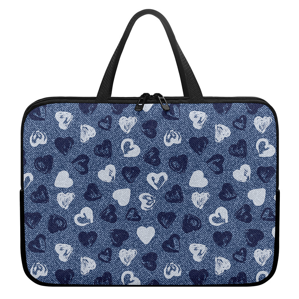Heart Denim Jeans Pattern Print Laptop Sleeve With Handle