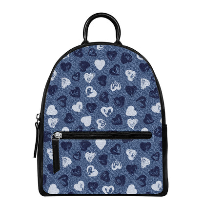 Heart Denim Jeans Pattern Print Leather Backpack