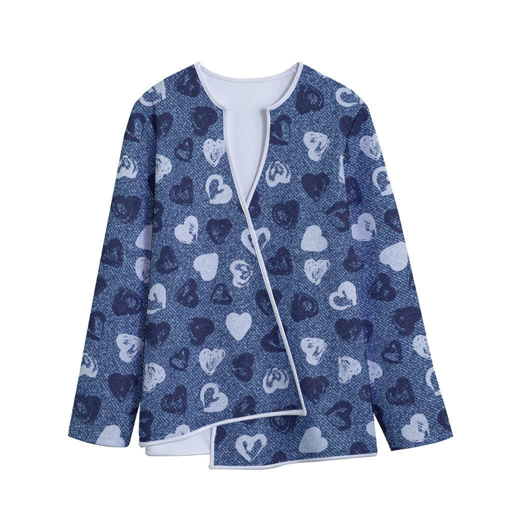 Heart Denim Jeans Pattern Print Long Sleeve Short Coat