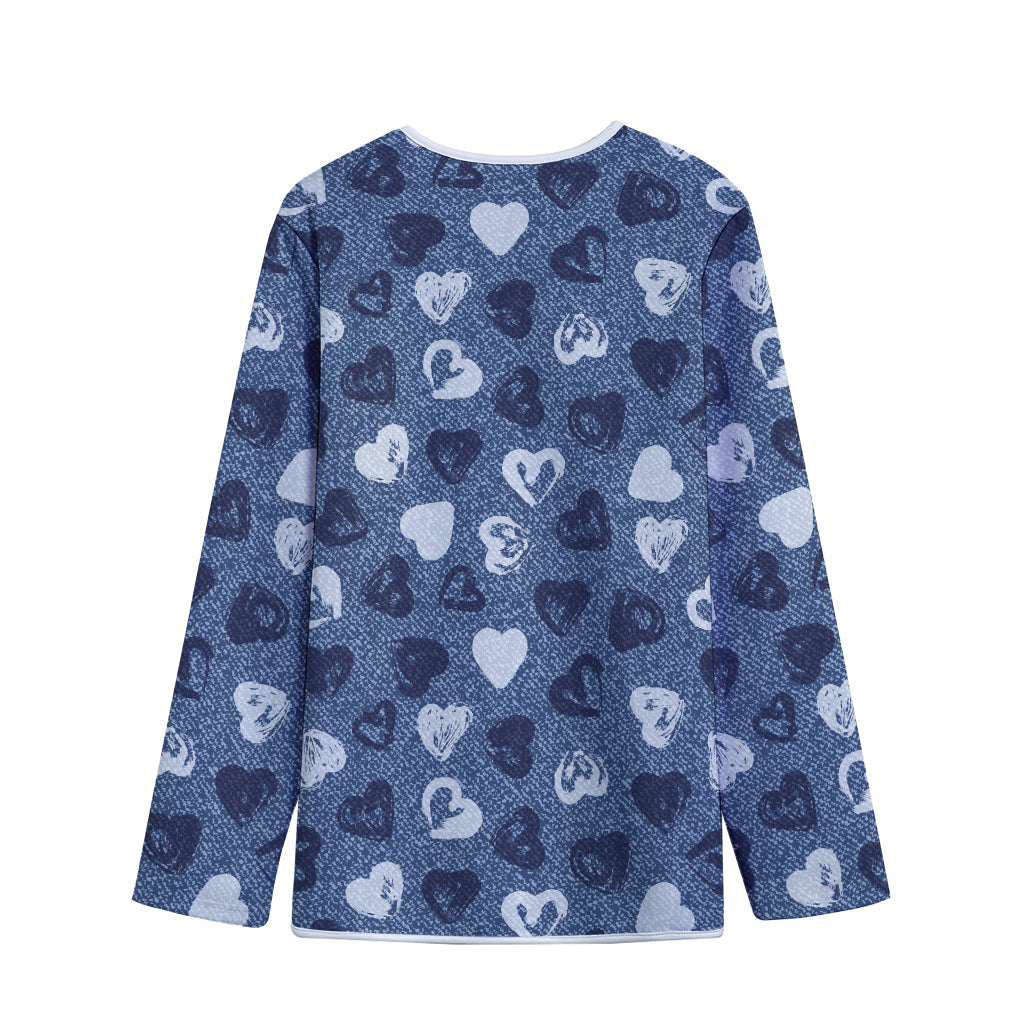 Heart Denim Jeans Pattern Print Long Sleeve Short Coat