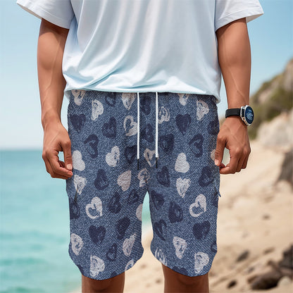 Heart Denim Jeans Pattern Print Men's Cargo Shorts