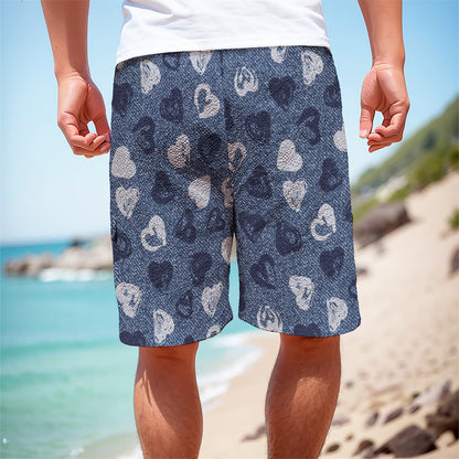 Heart Denim Jeans Pattern Print Men's Cargo Shorts